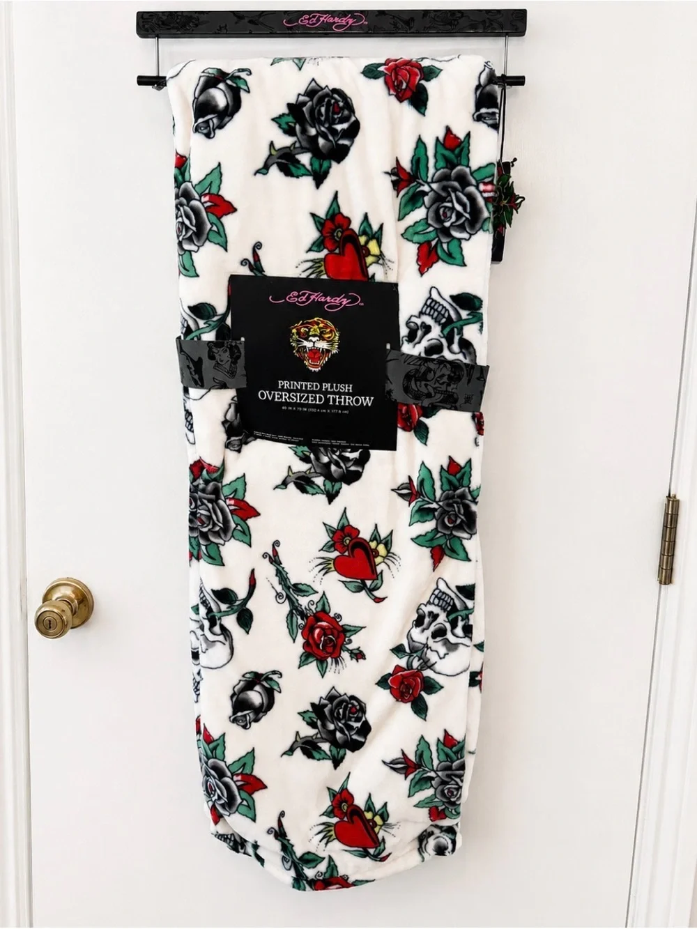 Ed Hardy White Floral and Skull Printed Plush Oversized Throw